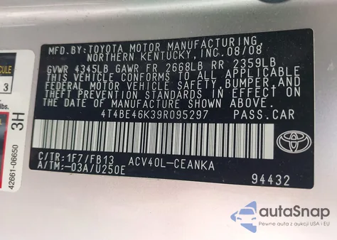 2009 Toyota Camry Le из США, поврежденный, VIN 4T4BE46K39R095297